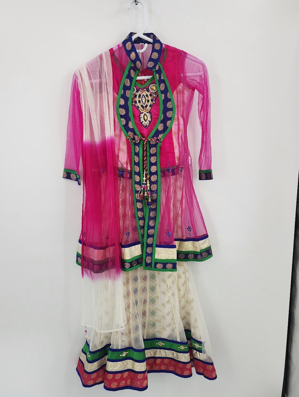 Pink and Ivory Ethnic Anarkali Set with Blue-Green Trim, Size 7 Years